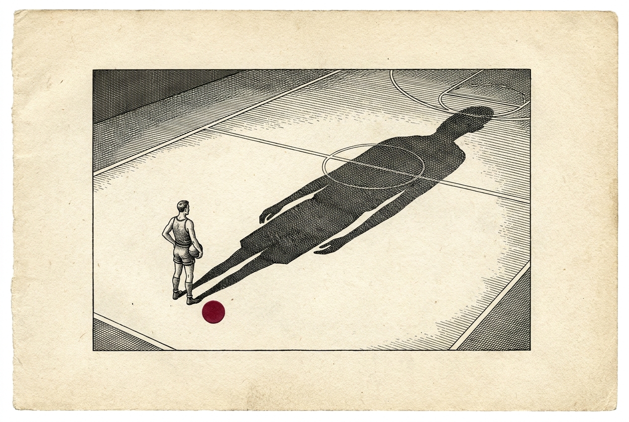 A small player on an empty court, his shadow outgrowing the floor; a proof-red tag-seal at his feet, priced low.
