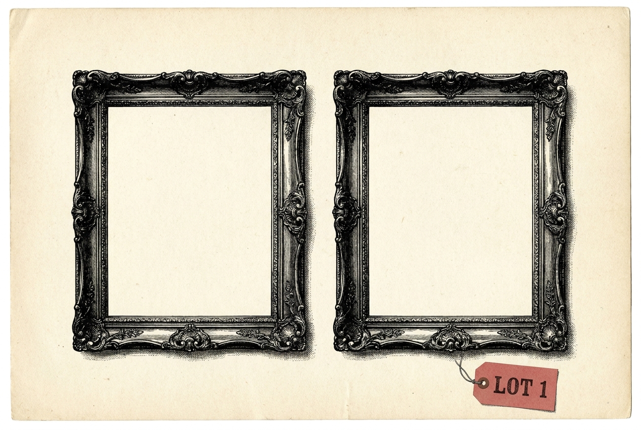 Two identical carved frames holding nothing; a proof-red tag reading LOT 1 on one.
