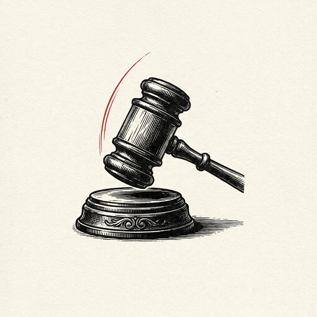 An auctioneer's gavel mid-fall above its block, one thin proof-red motion arc.